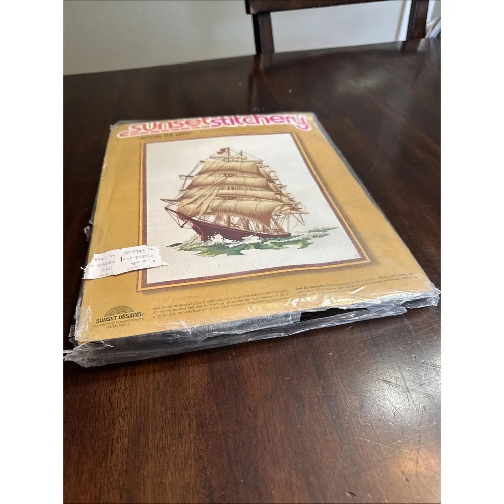 Vintage 70s Sunset Stitchery Crewel Embroidery Kit Boat Ship Nautical Large